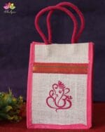 Mini Jute Bag With Zari Ganesha Print - Image 2