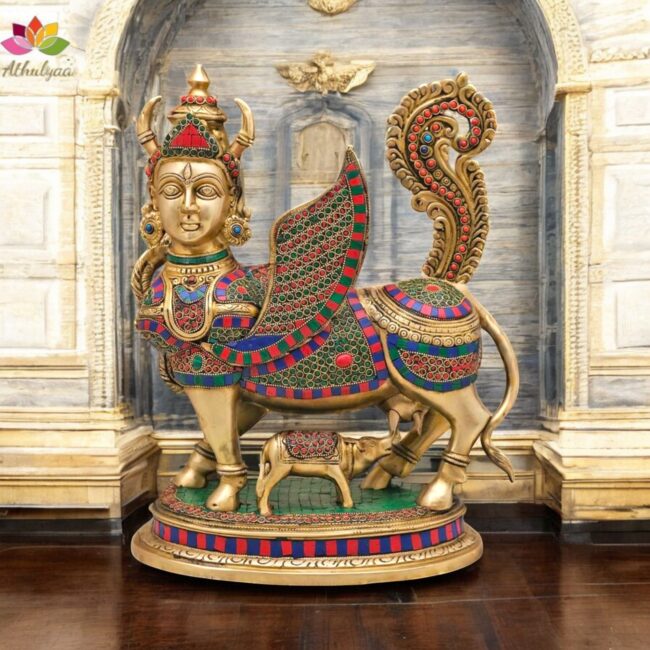 Brass Kamadhenu Cow Statue with Stonework