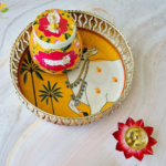 German silver pichwai metal tray with matching Jar and diya