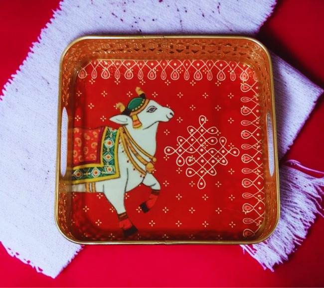 2.5 inch (53) Pichwai cow Metal Tray with kolam print - Image 1