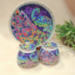 German silver pichwai metal tray with 2 matching Jars