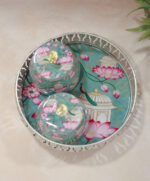 German silver pichwai metal tray with 2 matching Jars - Image 6