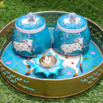 Pichwai metal tray with matching Jar and Diya