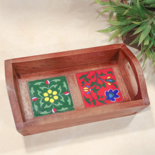 Handcrafted Wooden Two ceramic Tiles Tray