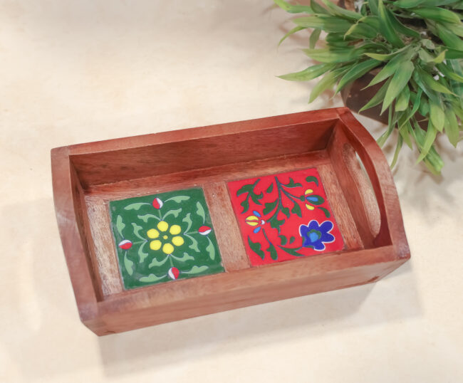 Handcrafted Wooden Two ceramic Tiles Tray