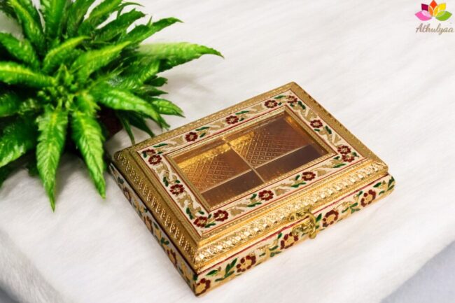 minakari golden (2) Golden Meenakari Transparent Dry fruit box - Image 1