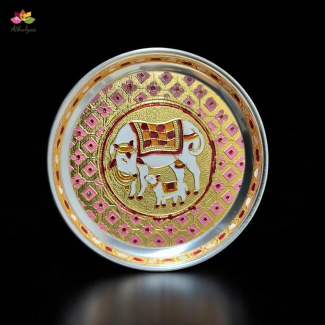 Stainless Steel Pichwai Meenakari Pooja Plate-7 inches - Image 4