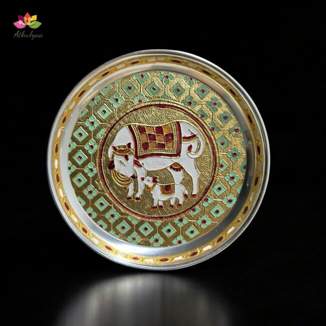 Stainless Steel Pichwai Meenakari Pooja Plate-7 inches - Image 3