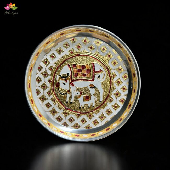 Stainless Steel Pichwai Meenakari Pooja Plate-7 inches - Image 2