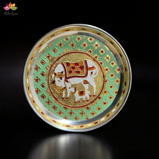 Stainless Steel Pichwai Meenakari Pooja Plate-7 inches - Image 7