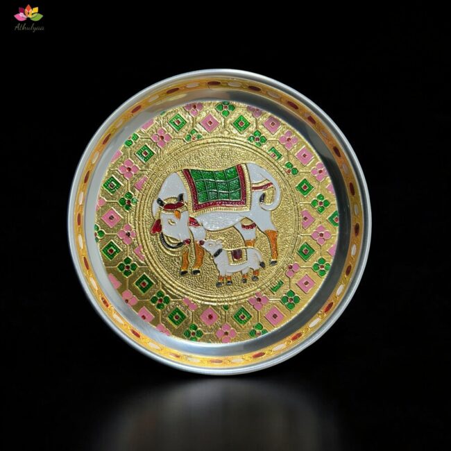 Stainless Steel Pichwai Meenakari Pooja Plate-7 inches - Image 6