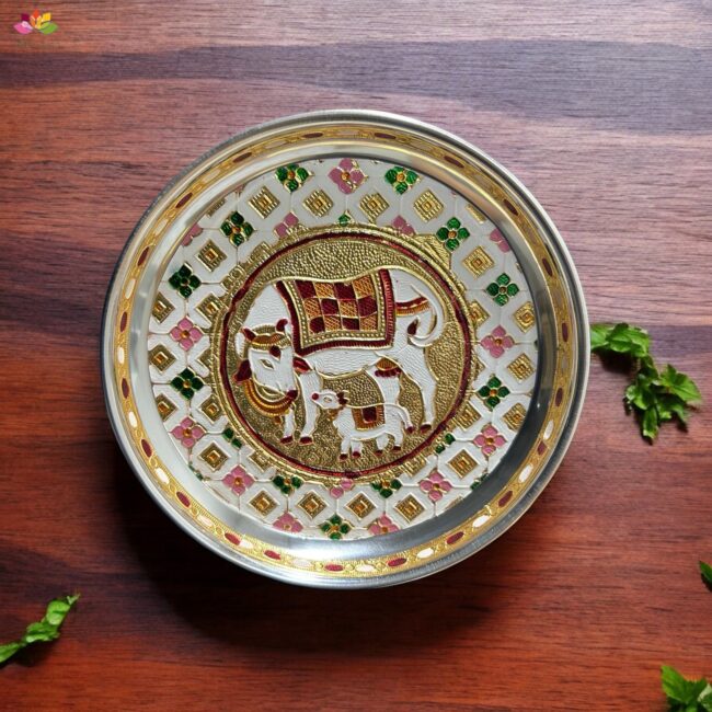 Stainless Steel Pichwai Meenakari Pooja Plate-7 inches - Image 5