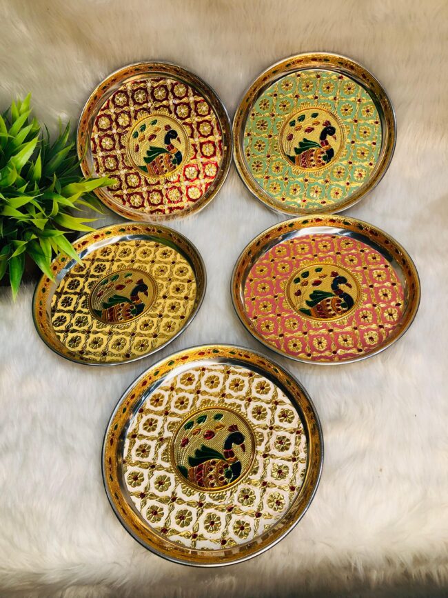 Stainless Steel Peacock Meenakari Pooja Plate-7 inches - Image 3