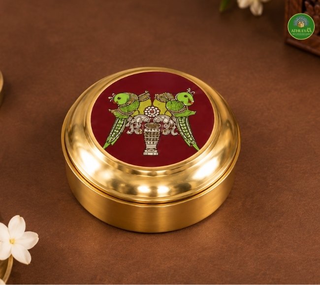 Brass Mini Pooja Box with twin parrot print (3) Brass Mini Pooja Box with twin parrot print