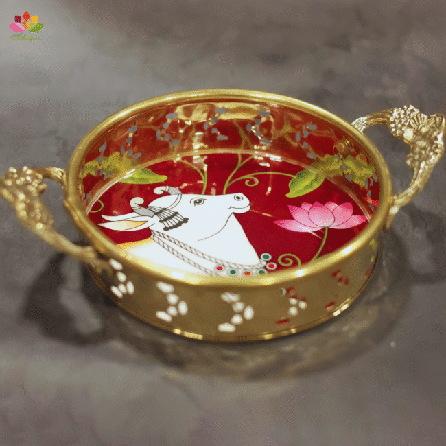 Brass Tray with Pichwai Print-6 inches - Image 3