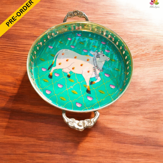 Brass Tray with Pichwai Print-6 inches - Image 7