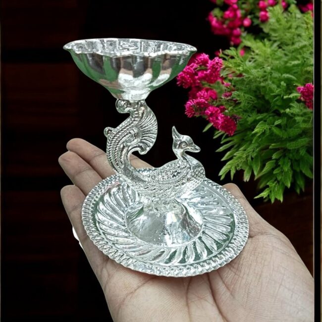 German Silver Peacock Diya with base - Image 3