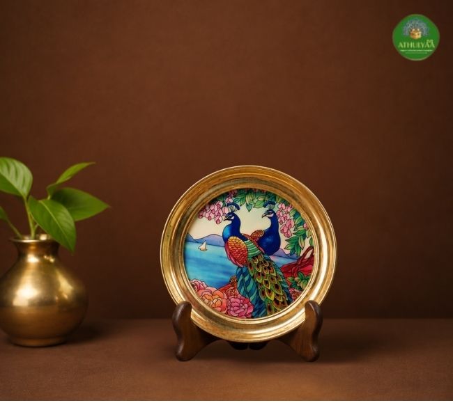 Brass plate - 5 inches - Lotus Bloom & Pichwai Design (8) Brass plate - 5 inches - Lotus Bloom & Pichwai Design