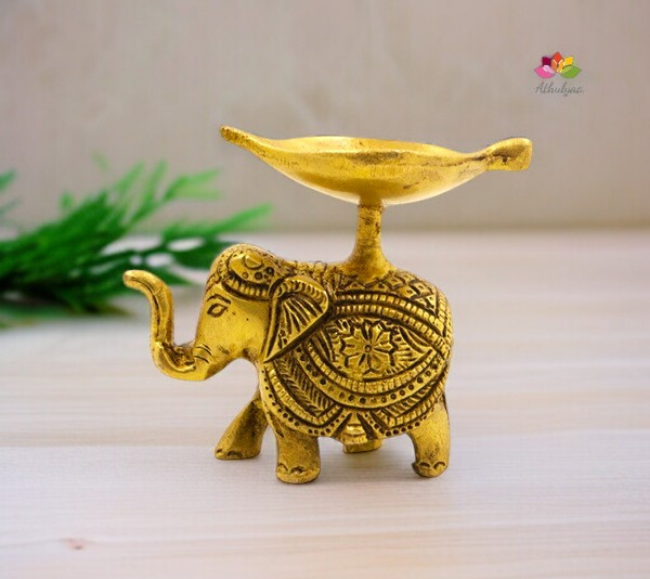 diya (25) Antique Elephant Diya with Leaf Plate - Image 1