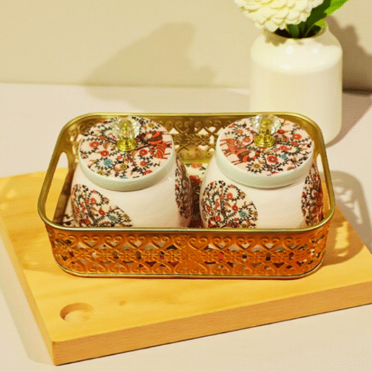 Pichwai Oval Tray with matching Twin Jars