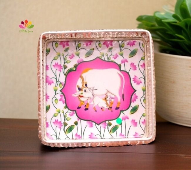 square pichwi tray Square Pichwai German Silver Tray - Image 1