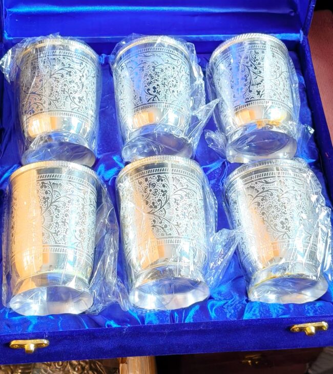 German silver Nakkashi Glass- 6 Glass with velvet box pack - Image 2