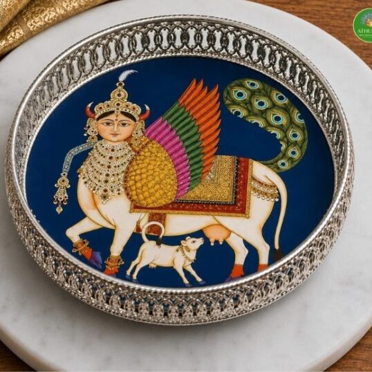 German Silver Pichwai tray with Kamadhenu Print