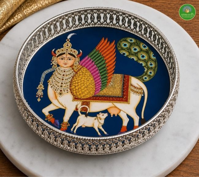 German Silver Pichwai tray with Kamadhenu Print (1) German Silver Pichwai tray with Kamadhenu Print