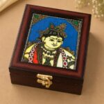 Tanjore style reverse glass paint jewel box - Krishna
