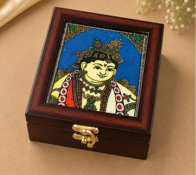 Tanjore style reverse glass paint jewel box - Krishna Tanjore style reverse glass paint jewel box - Krishna