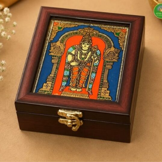 Tanjore style reverse glass paint jewel box - Murugan