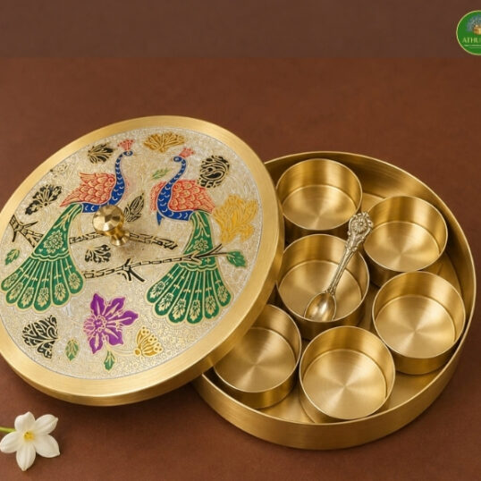Brass Masala Box with peacock etched lid