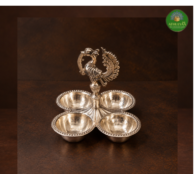 German Silver -Peacock Four-Bowl Vilakku (5) German Silver -Peacock Four-Bowl Vilakku - Image 1